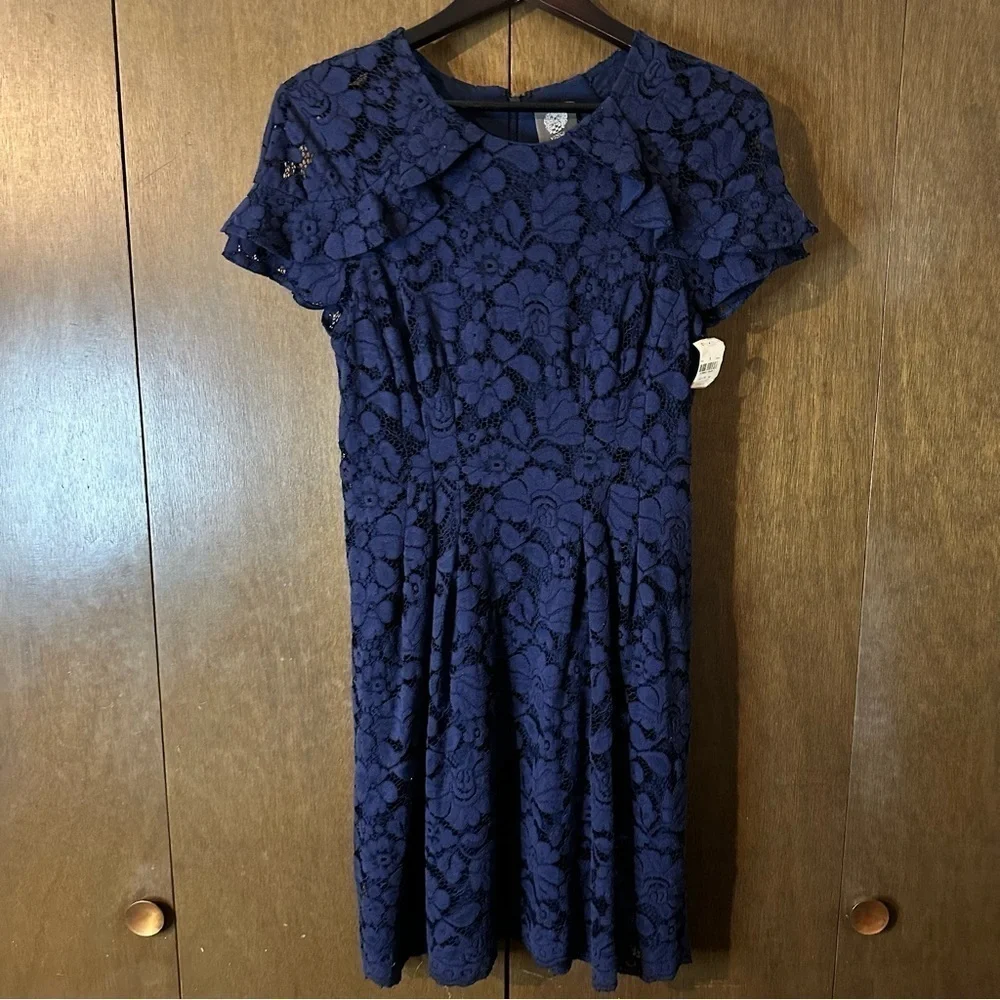 Vince Camuto Womens Round Neck Lace Cap Sleeves A-Line Midi Dress Navy Blue Sz 6 - Picture 5 of 13